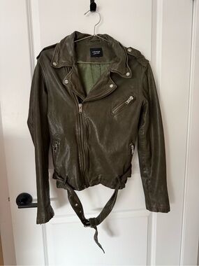 Lamarque Olive Leather Moto Jacket with Belt